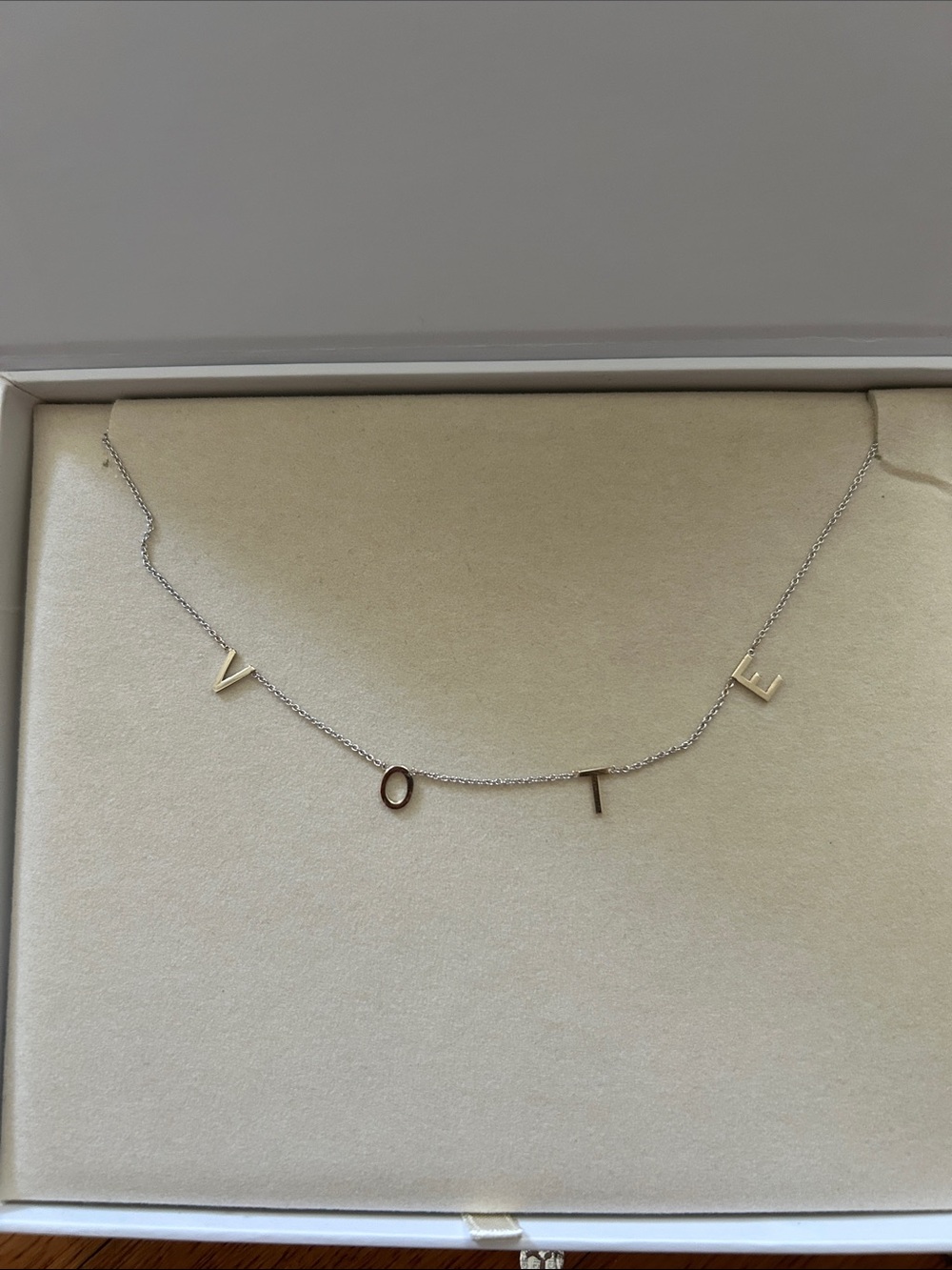 BYCHARI VOTE the original spaced letter necklace 14K White, 16” chain w 14” opt